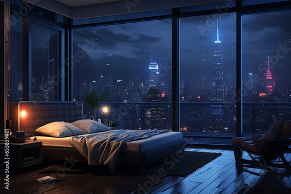 Fototapeta a bedroom interior with a panoramic window view of a futuristic cityscape at night, rain streaming down the glass | Generative Ai