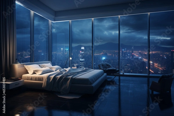 Fototapeta a bedroom interior with a panoramic window view of a futuristic cityscape at night, rain streaming down the glass | Generative Ai