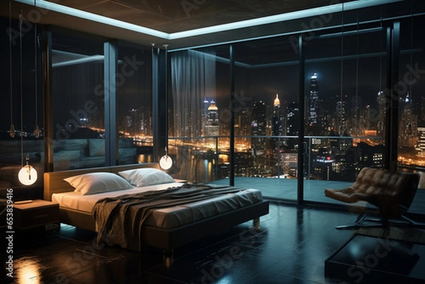 Fototapeta a bedroom interior with a panoramic window view of a futuristic cityscape at night, rain streaming down the glass | Generative Ai