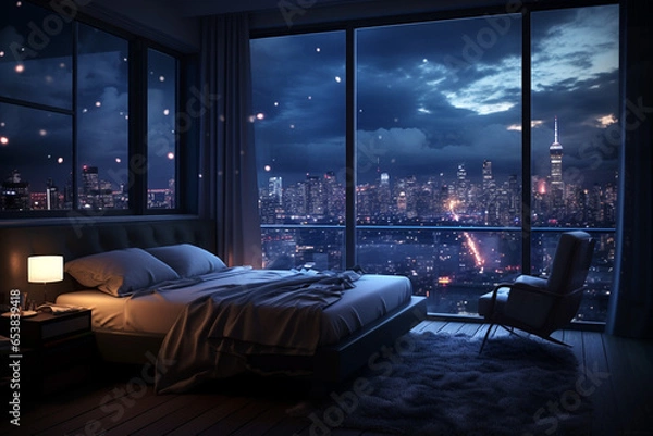 Fototapeta a bedroom interior with a panoramic window view of a futuristic cityscape at night, rain streaming down the glass | Generative Ai
