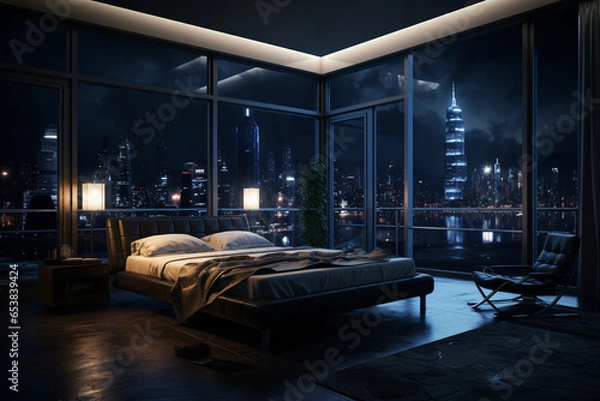 Fototapeta a bedroom interior with a panoramic window view of a futuristic cityscape at night, rain streaming down the glass | Generative Ai
