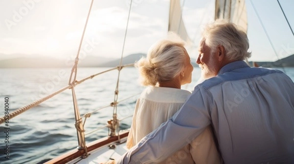 Fototapeta A senior couple is seen enjoying their retirement years by traveling and sailing. They are on a sailboat, cruising through the open sea, with the wind in their hair and the sun on their faces.