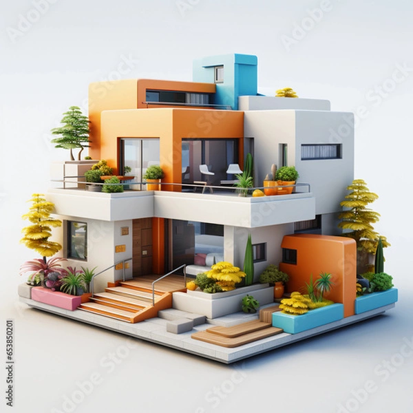 Obraz simple 3d house, cartoonish modern style, white with orange on a light background, geometric rectangular shapes