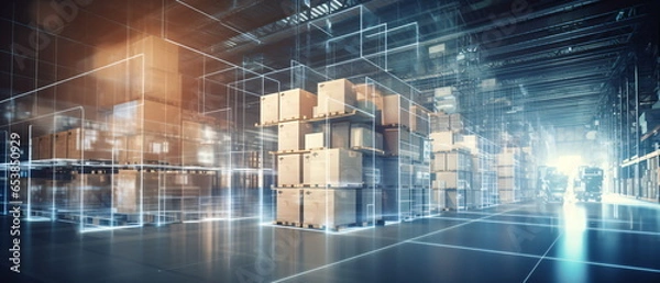 Fototapeta Futuristic Technology Retail Warehouse: Digital and Visualization of Industry 4.0. smart logistics, ecommerce and delivery concept in modern industry. Generative ai