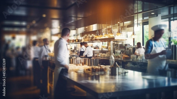 Fototapeta Blurry Vision Inside a Busy Cafe: Restaurant Staff Diligently Preparing & Serving Delicious Meals to Diners. Generative AI.