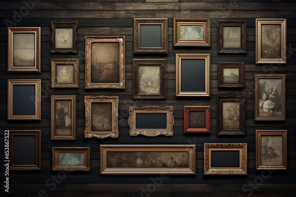 Obraz Various wooden retro vintage frames hanging on wall with copy space background. Frames on grunge old wall. Frames for painting or photograph. Generative AI