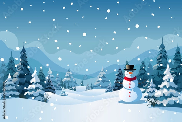 Fototapeta Snowman against the backdrop of forest and mountains in snowy weather. Beautiful winter landscape. Christmas design.