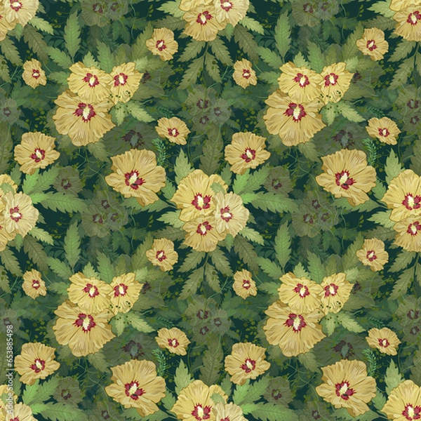 Obraz Yellow Tropical Hibiscus Flowers Seamless Pattern