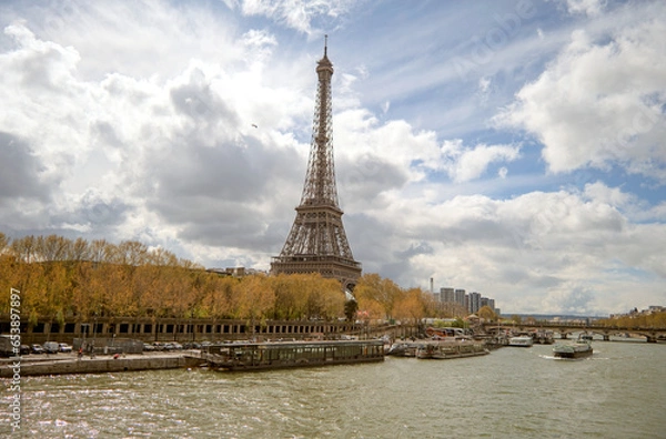 Fototapeta Paris, France - April 3 2019: Beautiful image of the Eiffel Tower and the Seine in a magnificent sunny day