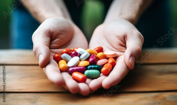 Fototapeta A small assortment of diverse pills held in a hand