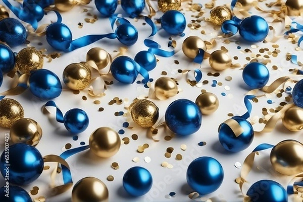 Obraz Holiday background with golden and blue metallic balloons confetti and ribbons Festive card for bir