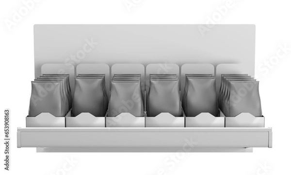 Fototapeta Blank bag products on shelf, Small promotional shelf display, 3D rendering	
