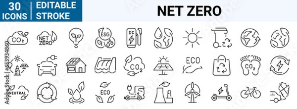 Fototapeta set of 30 line web icons . Net Zero. Green energy, CO2 neutral, gas emissions, climate, ecology. Editable stroke.