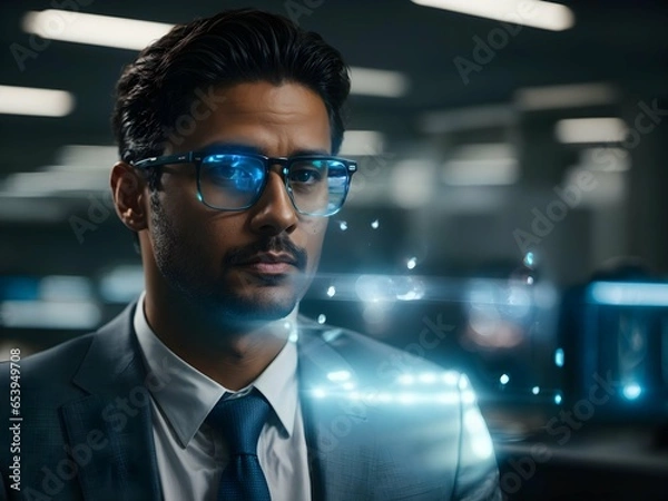 Fototapeta an office man wearing sophisticated glasses that can display a hologram screen, future technology