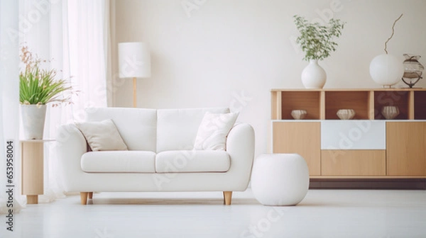 Fototapeta The modern monochrome White interior of the light room with copy space and sofa. Modern design of flats.
