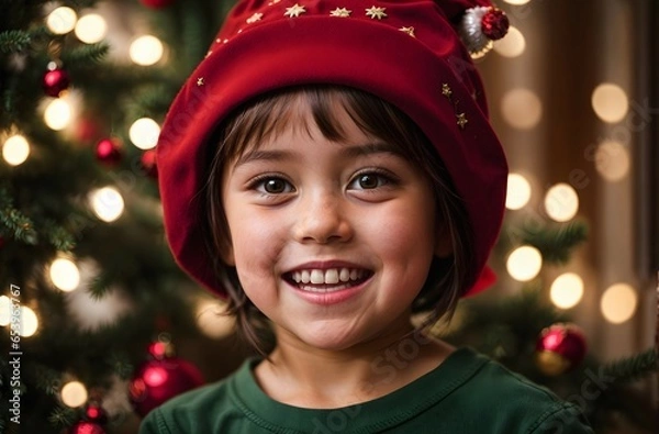 Obraz Portrait of cute little kid with Santa Claus hat, people background, festive banner with copy space text 