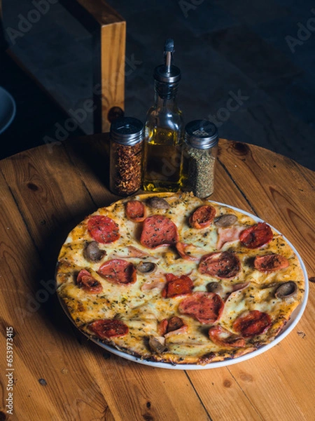 Obraz pizza cheese and jam, pepperoni and salami 