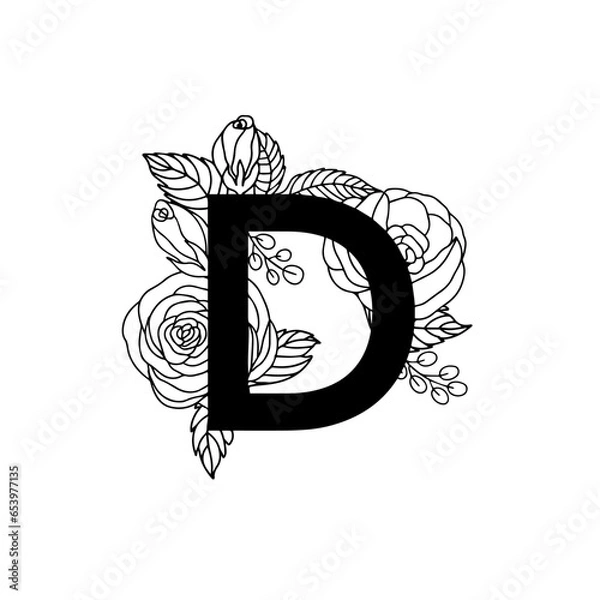 Obraz Flower font alphabet, doddle letter D. Luxury wedding invitation flowers letters. Laser cut template. Initial monogram letter. May be used for logo or paper cutting.
