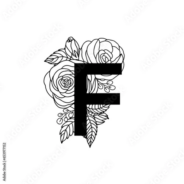Obraz Flower font alphabet, doddle letter F. Luxury wedding invitation flowers letters. Laser cut template. Initial monogram letter. May be used for logo or paper cutting.
