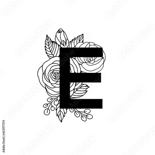 Obraz Flower font alphabet, doddle letter E. Luxury wedding invitation flowers letters. Laser cut template. Initial monogram letter. May be used for logo or paper cutting.
