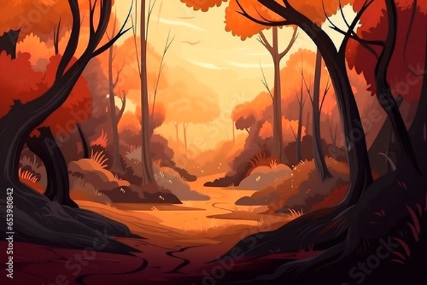 Fototapeta Generative AI illustration of a watercolor autumn forest painting background
