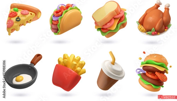 Fototapeta Fast food 3d cartoon vector icon set