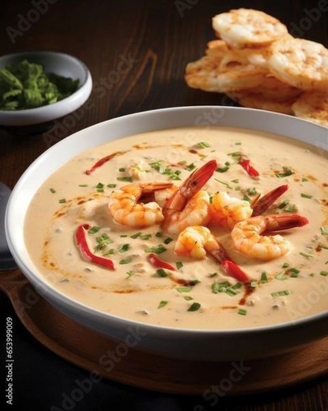 Obraz Experience the marriage of land and sea in this unforgettable bisque, where tender shrimp and lobster unite in a creamy bisque, kissed with the smoky sweetness of roasted red peppers.