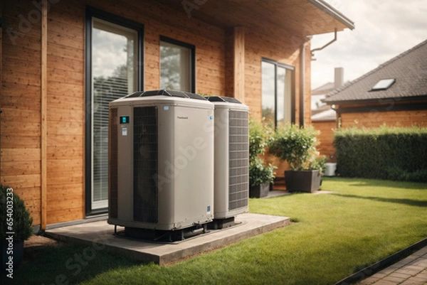 Fototapeta Air source heat pump installed outside of a residential building.