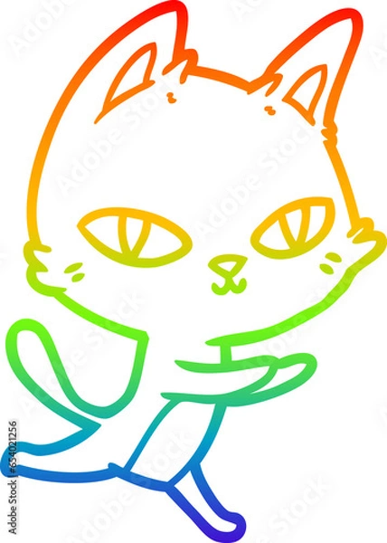 Fototapeta rainbow gradient line drawing of a cartoon cat staring