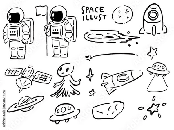 Obraz 手描き風　宇宙に関するゆるいイラストセット	線画