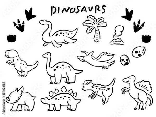 Obraz 恐竜たちの手描き風イラストセット 線画