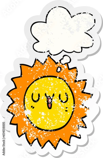 Fototapeta cartoon sun with thought bubble as a distressed worn sticker