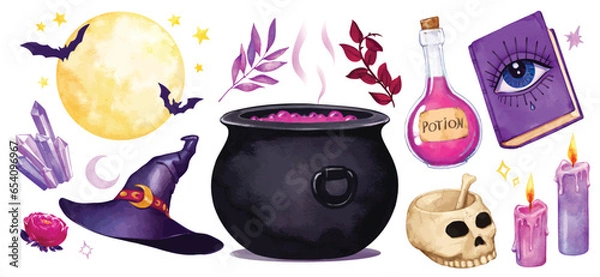 Fototapeta watercolor set of Halloween theme witch elements. mystical sorcery and witchcraft items such as cauldron, potion, spells book, moon, candles, witch hat, celestial crystals, skull and magical plants