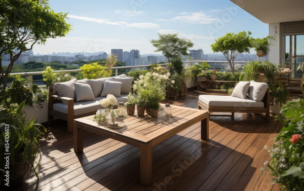 Fototapeta Modern large balcony is decorated with flowers. Generative AI