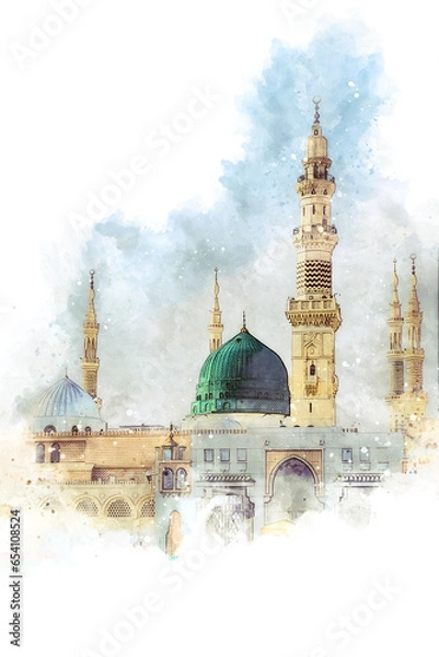 Obraz watercolor painting sketch of a green mosque with a green dome, prophet mosque in medina, saudi arabia