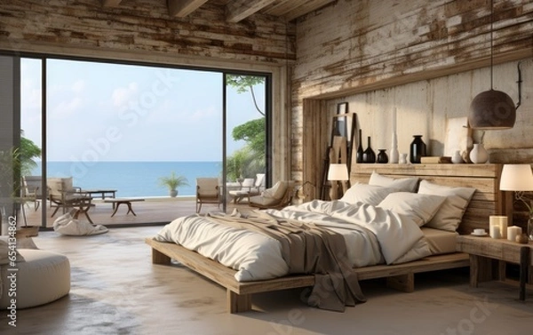 Fototapeta Wabi-sabi bedroom with sea view through the window. Generative AI