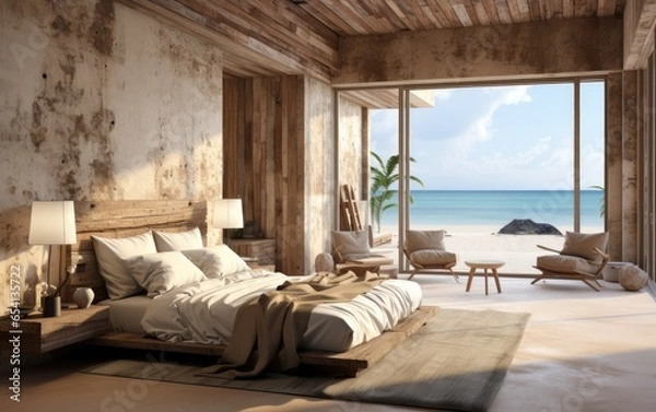 Fototapeta Wabi-sabi bedroom with sea view through the window. Generative AI