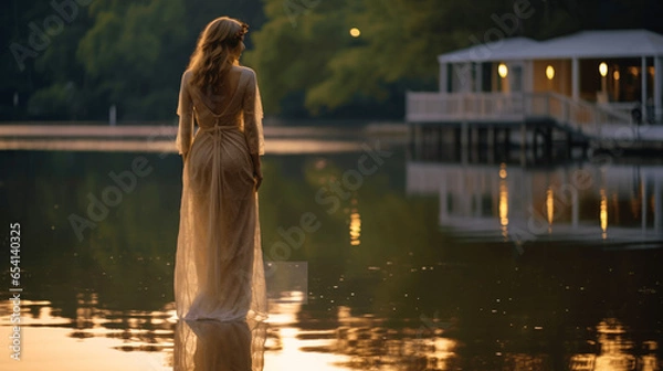 Obraz Woman in ethereal evening attire creating a magical moment at a serene lakeside retreat, capturing romance and elegance.