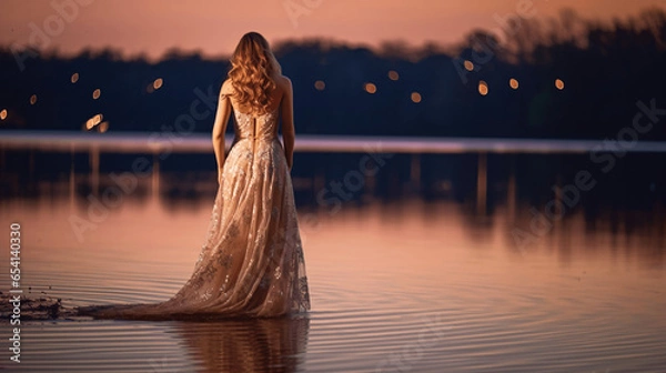 Obraz Woman in ethereal evening attire creating a magical moment at a serene lakeside retreat, capturing romance and elegance.