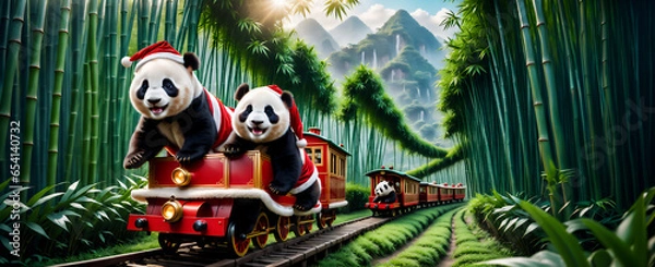 Obraz panda with santa claus costume on the christmas train with bamboo as background