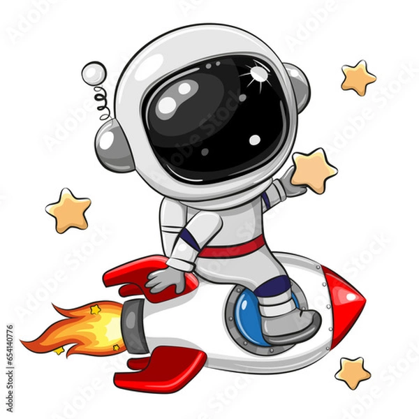 Obraz Cartoon astronaut on the rocket on a space background