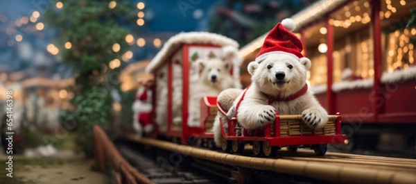 Obraz cute polar bear with santa claus hat on the christmas train with christmass light as background