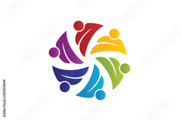 Fototapeta Logo teamwork six people around in a leaf shape colorful icon image circle unity voluntary conceptual ecology farmer agriculture team logo vector image design