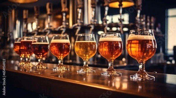 Fototapeta Variety of craft beer arranged in a row on counter bar in a pub.