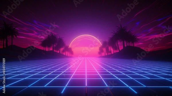 Obraz Synthwave retro background with glowing neon lights