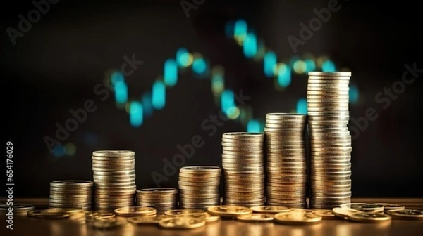 Fototapeta Stack of coins with graph chart growth up Business