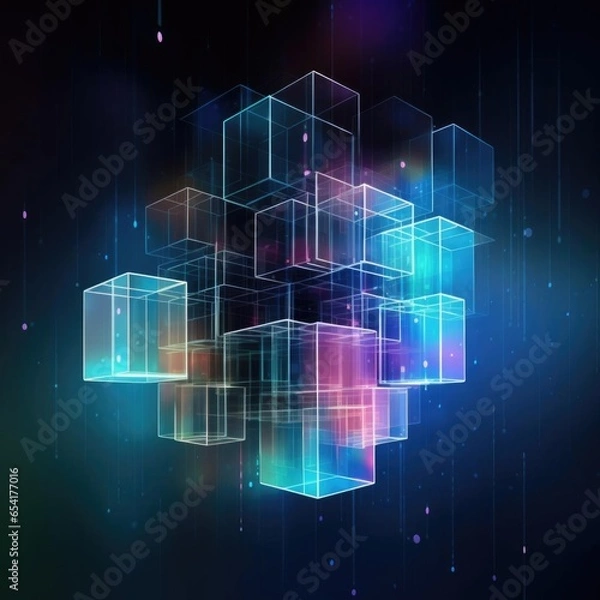 Obraz Modern technologies. Box diagram. Neural network. Glass blocks. Web building. Industrial cube objects. Hardware quantum form. Smart assembly. Composition of intersections. Grid core. Glow technology