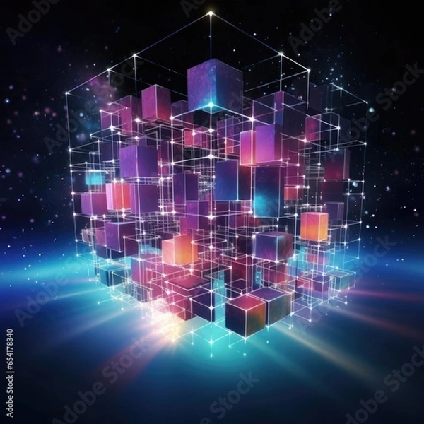 Fototapeta Futuristic metaverse and blockchain technology network concept with connected digital cubes blocks in glowing style on dark purple background.