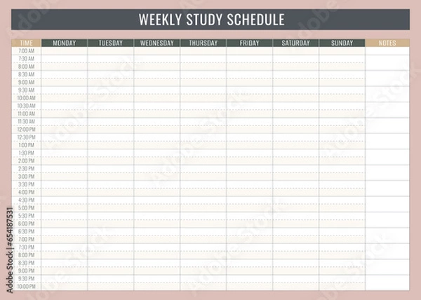 Fototapeta Weekly study schedule template