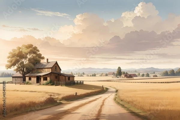 Fototapeta Rustic Farm oil panting: Focusing on a desolate rural landscape, exploring simplicity and old-world farms. Generative Ai.